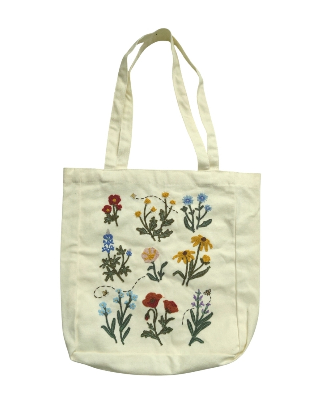 Canvas Embroidered  Wildflower Floral Tote Bag Cream New